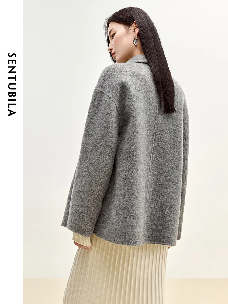 SENTUBILA Gray Woolen Coats for Elegant Women 2025 Winter Fashion Office Lady Double Breasted Pockets Oversized JacketsW44O56003