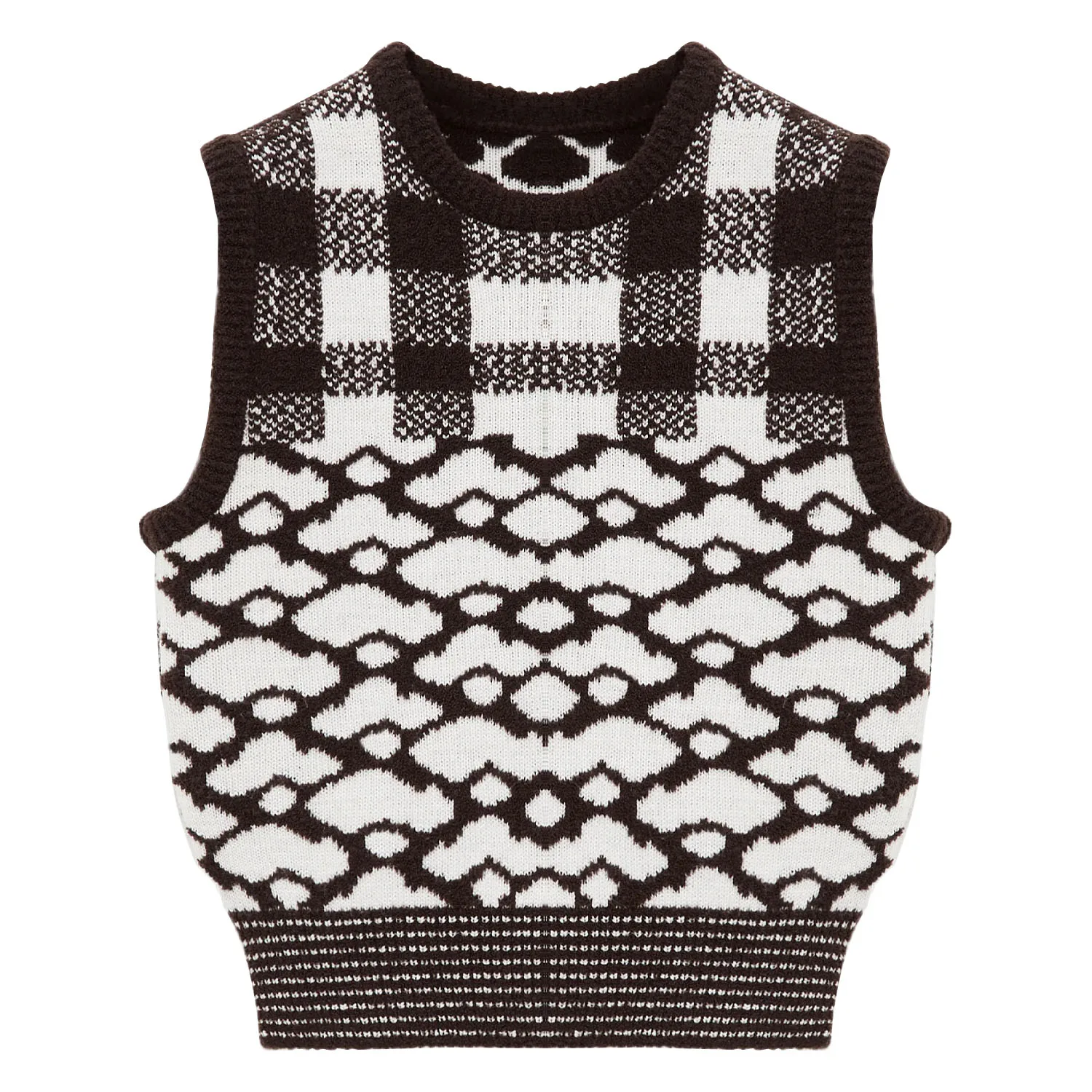 Brown and white checkered floral print women's knitted vest #T2653