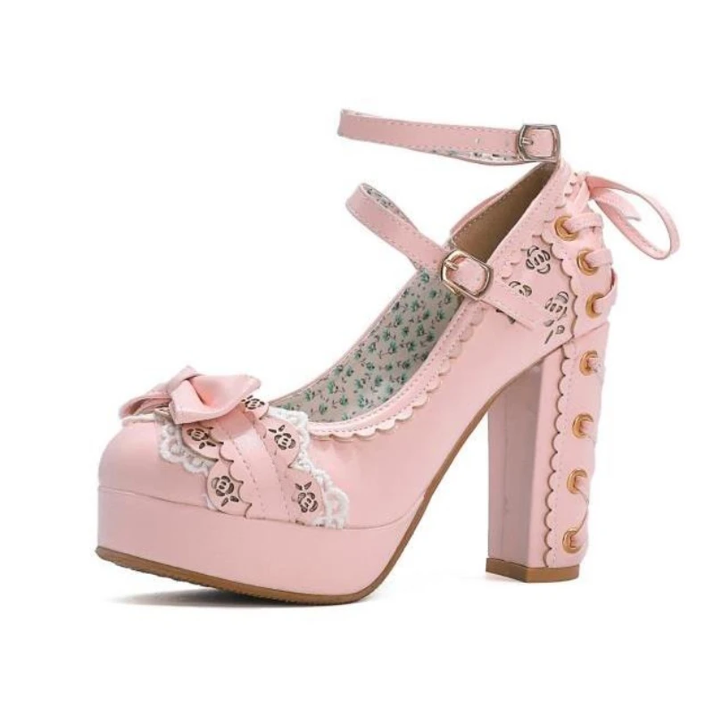 

New 10cm Hot Pink Pumps High Heels Platform Shoes For Women Lace Up Bows Black Punk Gothic Princess Shoes Autumn Large Size 43