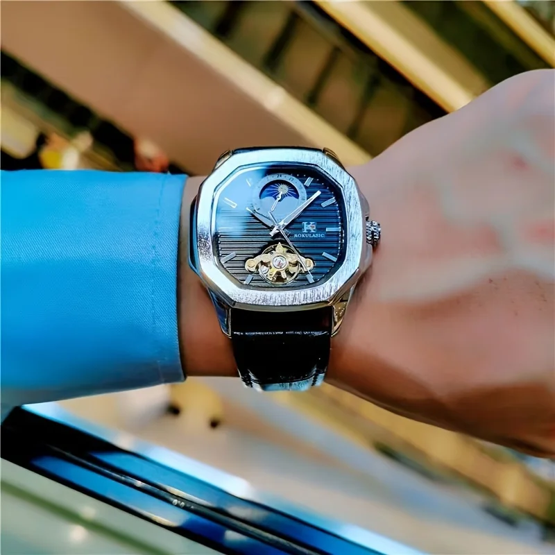 New Square Watch for Men, Fully Automatic Mechanical Watch, Hollow Design, Casual, Versatile, Fashionable, Business-Friendly, Best-Selling Watch for Men, a Top Choice for Gift-Giving, Branded Watches