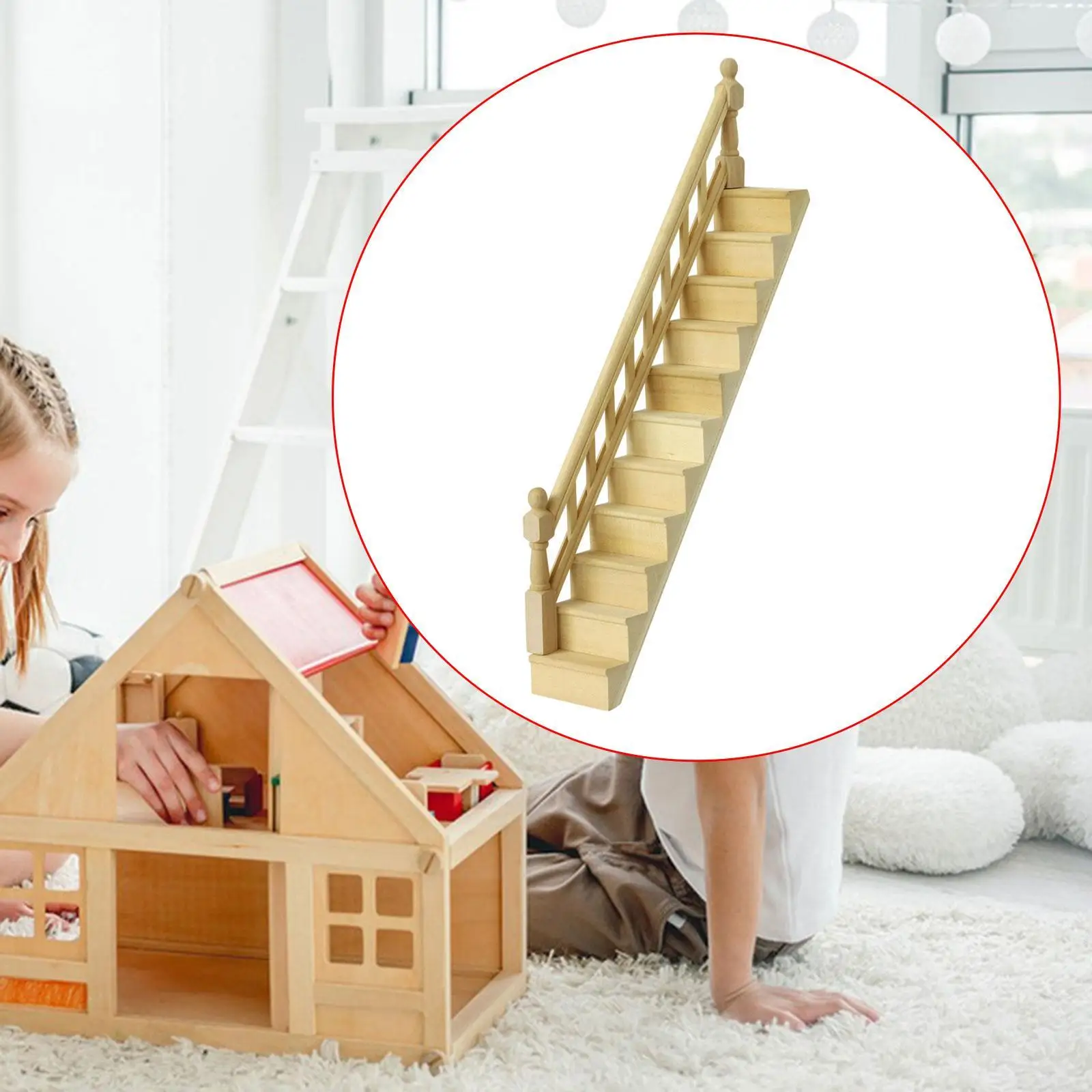 

1:12 Scale Miniature Stairs with Armrest Pretend Play Toy Unpainted Staircase for Photo Props Micro Landscape Diorama Decoration