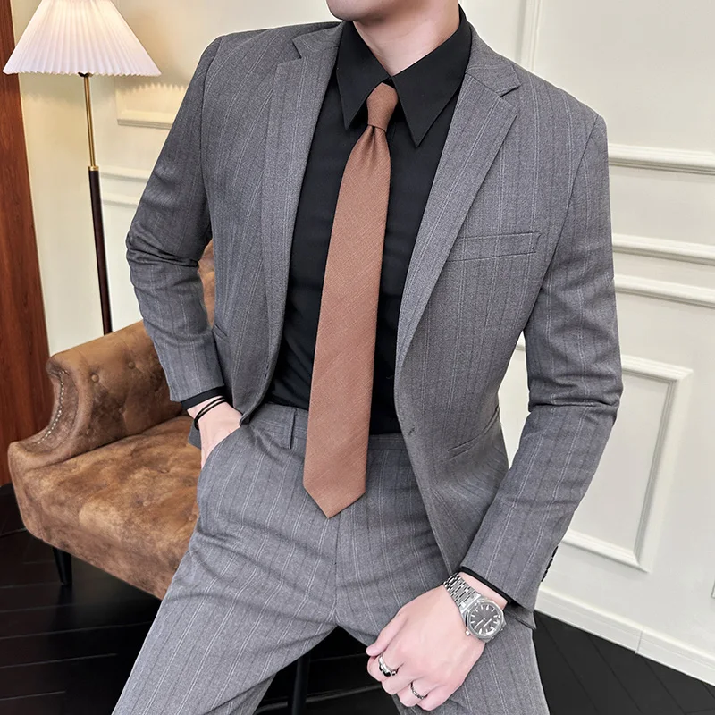 

2023 High Quality Business Casual (suit + Trousers) Wedding Suit Men's Fashion Handsome British Style Striped Suit Two-piece Set