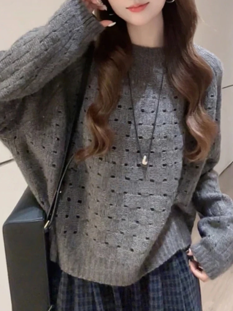 

Korean Style round Neck Hollow out Knitwear Women's Soft Long Sleeve Top Early Autumn Fashion Gentlewoman's Clothing