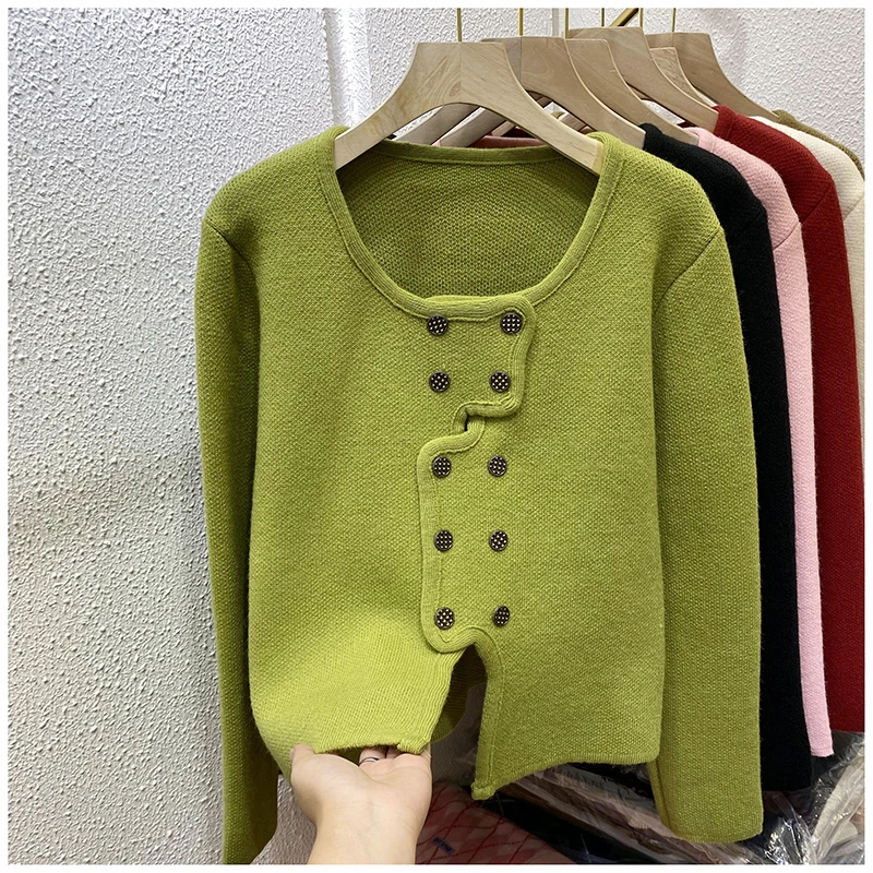 Korean Women Long Sleeve Loose Knitted Cardigans Women Ladies Fall Vintage Chic Double-breasted Sweater Coat Knitwear Jackets