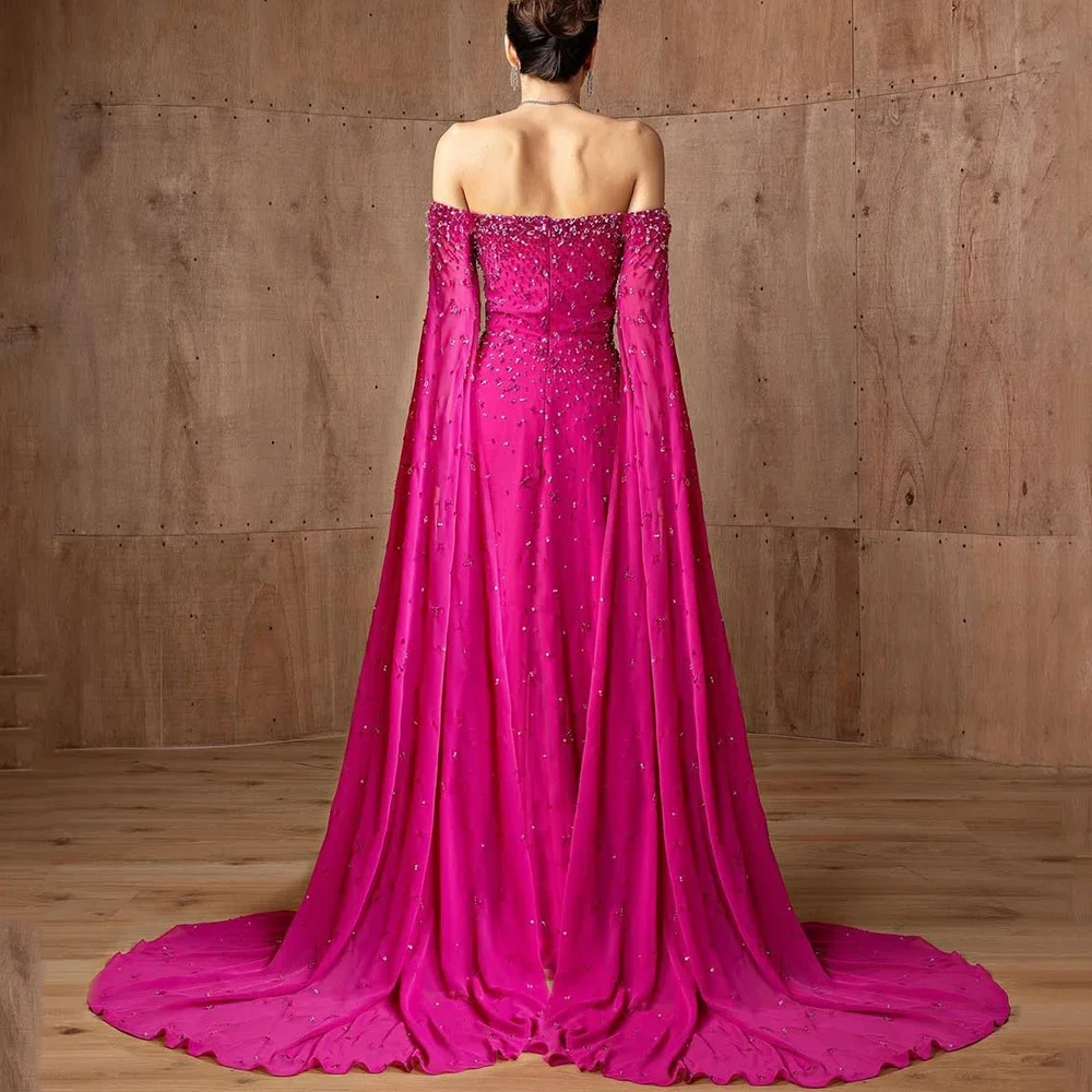 Luxury Pink Beading Evening Dress Boat Neck Floor Length Long Sleeve Classic A-Line Chiffon Women Wedding Party Custom Gowns