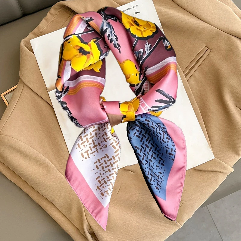 

1pcs 70cm Circle Floral Silk Scarf for Women Imitation Silk Fashion Versatile Flower Pattern Headwear Clothing Square Scarf