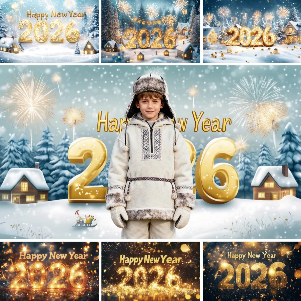 

2026 Happy New Year Photography Backdrop Forest Winter Snow House Decor Golden Flash 2026 Kids Family Portrait Photo Background