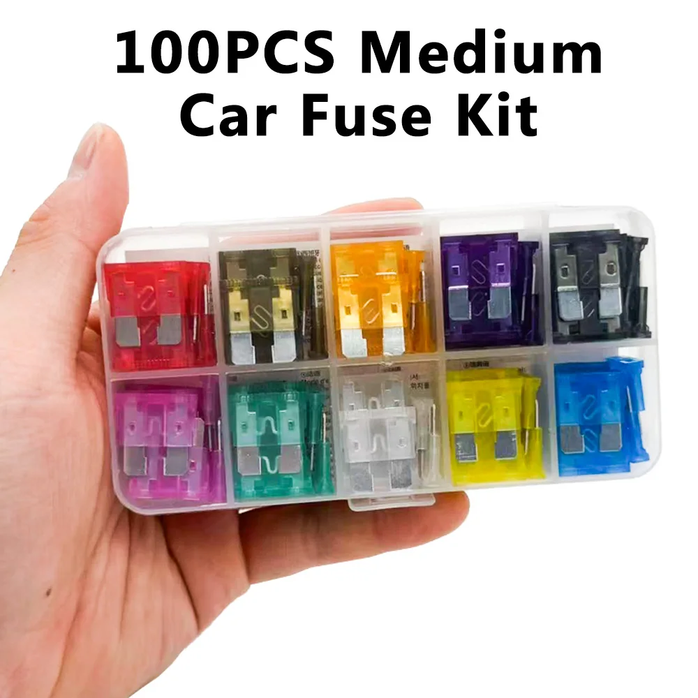 100PCS Car Auto Fuse Kit Medium 15A-35A 10 Types Assorted Blade Fuse with Storage Box for Vehicle Electrical Circuit Protection