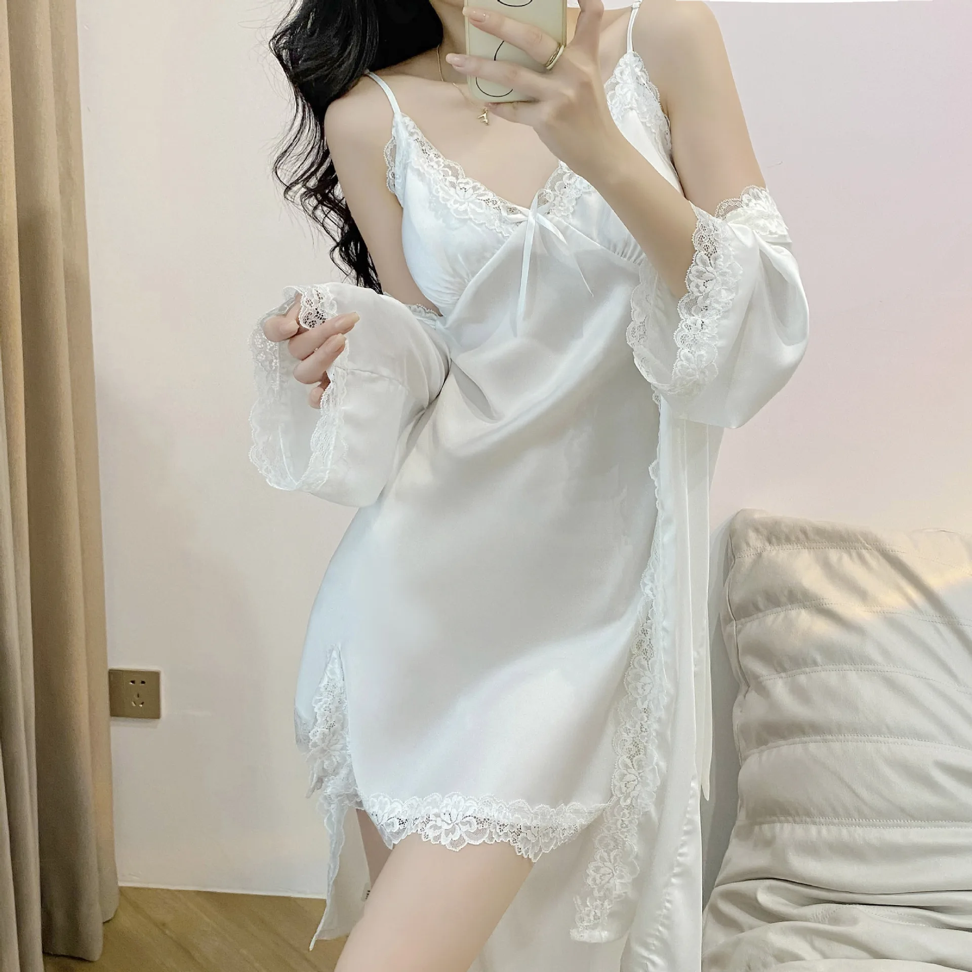 Twinset musim panas jubah Set gaun tidur seksi wanita renda Kimono jubah mandi setelan baju tidur pakaian tidur Satin gaun rumah pakaian tidur