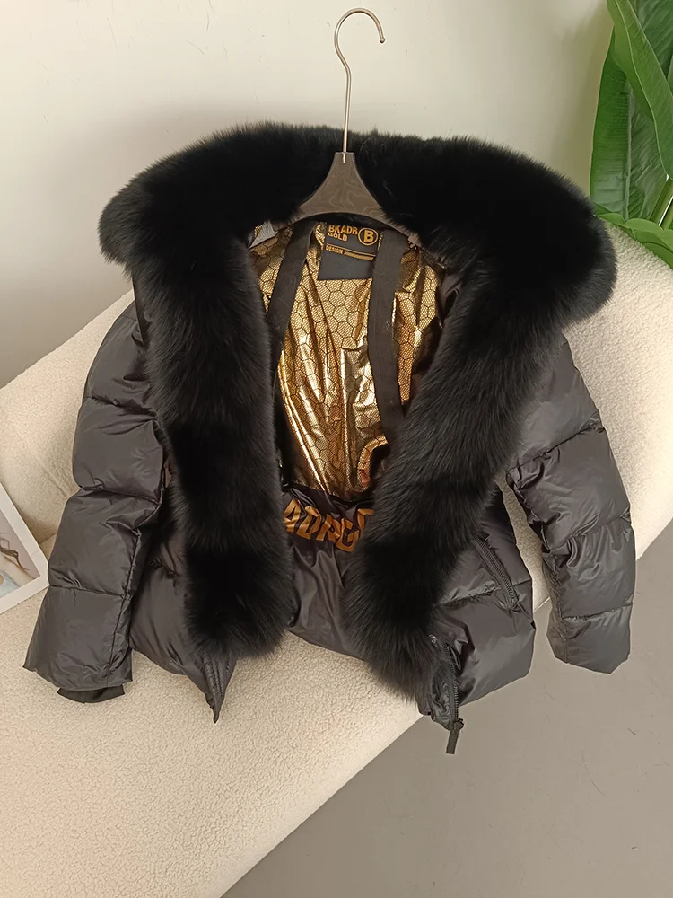 OFTBUY Echter Fuchspelzkragen mit Kapuze Winterjacke für Damen aus weißem Entenfedermaterial, kurz geschnitten, schwarz-gold, dicker warmer Mantel, luxuriöse Oberbekleidung. – Detail 16