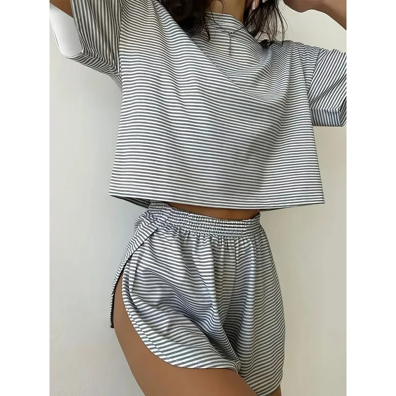 Women's Stripe Pajamas Set Short Sleeve T-Shirt And Shorts Sleepwear 2 Piece Set For Women Home Casual Loose Round Neck Pajamas