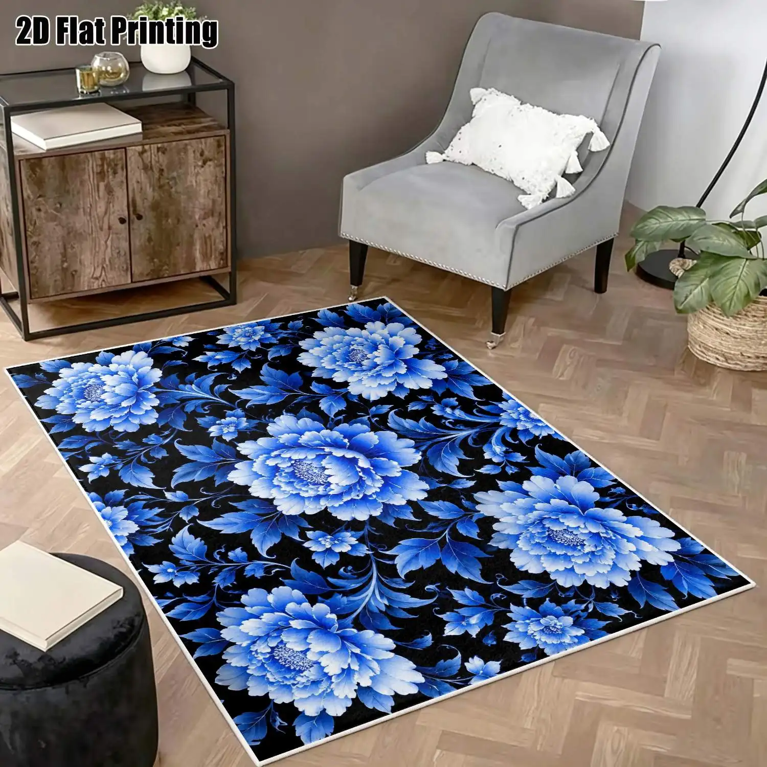 1Pc 2D Printed Blue Flower Velvet Carpet, Vintage/Modern Minimalist/Nordic/Instagram Style, Machine Washable, Multi-Size, for Home Decor, Entrance/Dining/Foyer/Bedroom/Study/Living Room