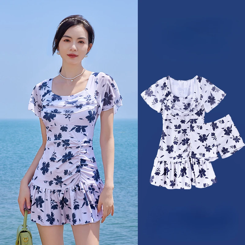 Women's Korean Fashion Split Swimwear, Hot Spring Swimsuits with Bra Pads, Mesh Short Sleeve Swimdress, Plus Size