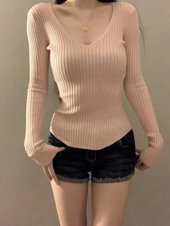 Women's V-neck Long Sleeve Knitted Sweater Slim Fit Waist Cinched Autumn Winter New Style Inner Wear Base Shirt Top