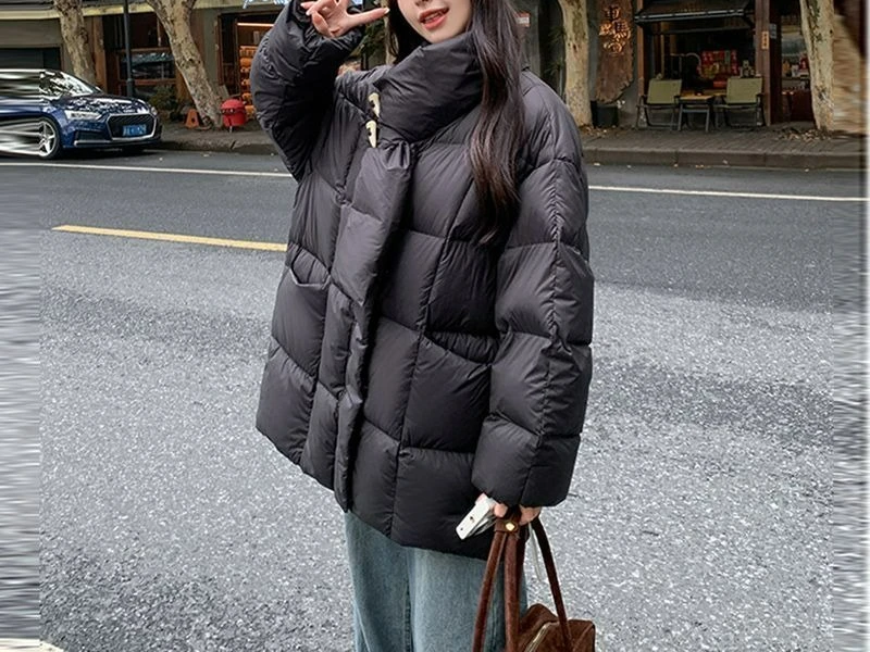 2025 New Horn Buckle Thickened Winter Scarf Collar Cotton Dress Female Student Loose Coat