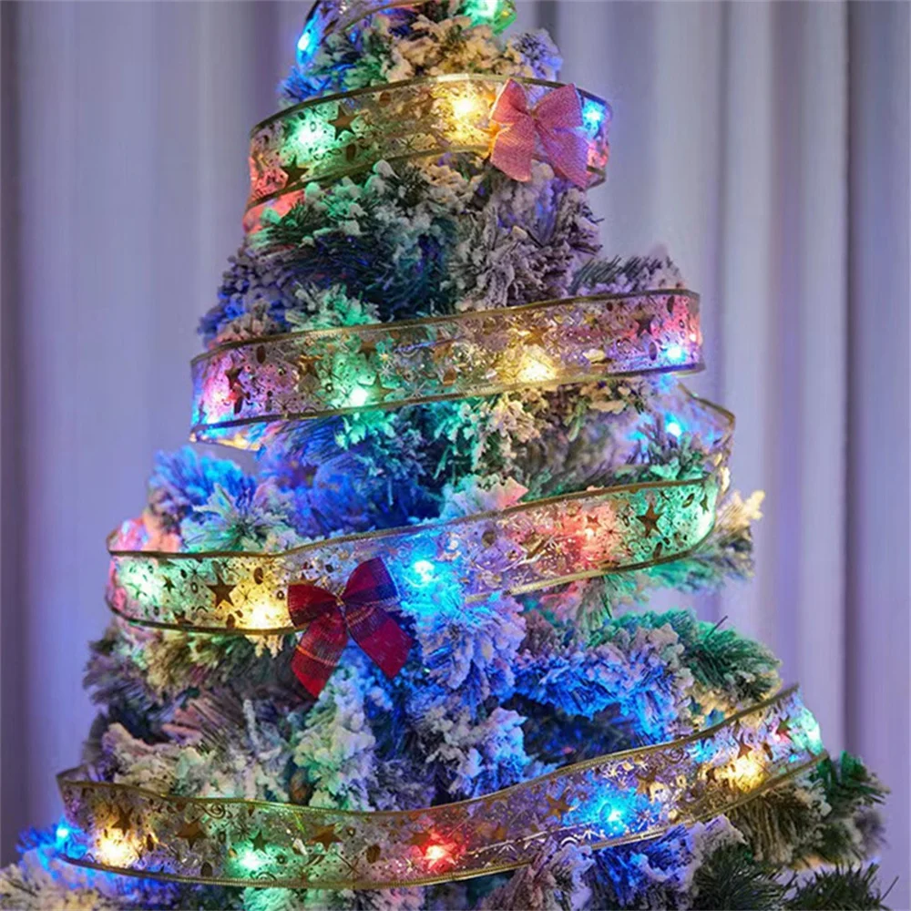 LED Ribbon Christmas Tree Ornaments for Home DIY Bows Light Fairy Lights Christmas Decoration String Navidad New Year 2026