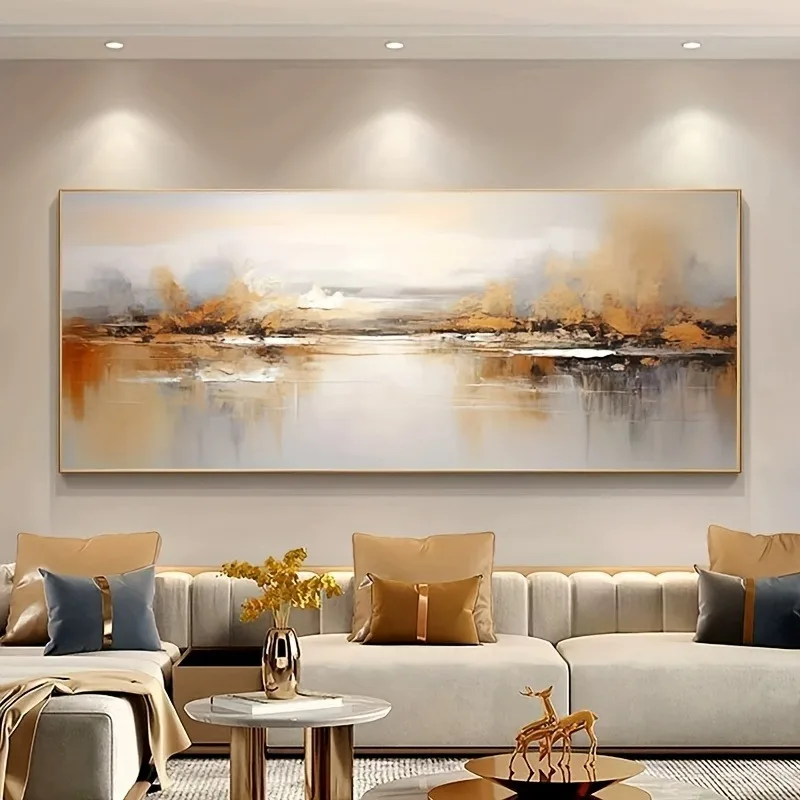 

Large Modern Abstract Serene Landscape Calm Waters, Majestic Hills, Misty Mountains, Frameless Wall Art for Living Room Decor