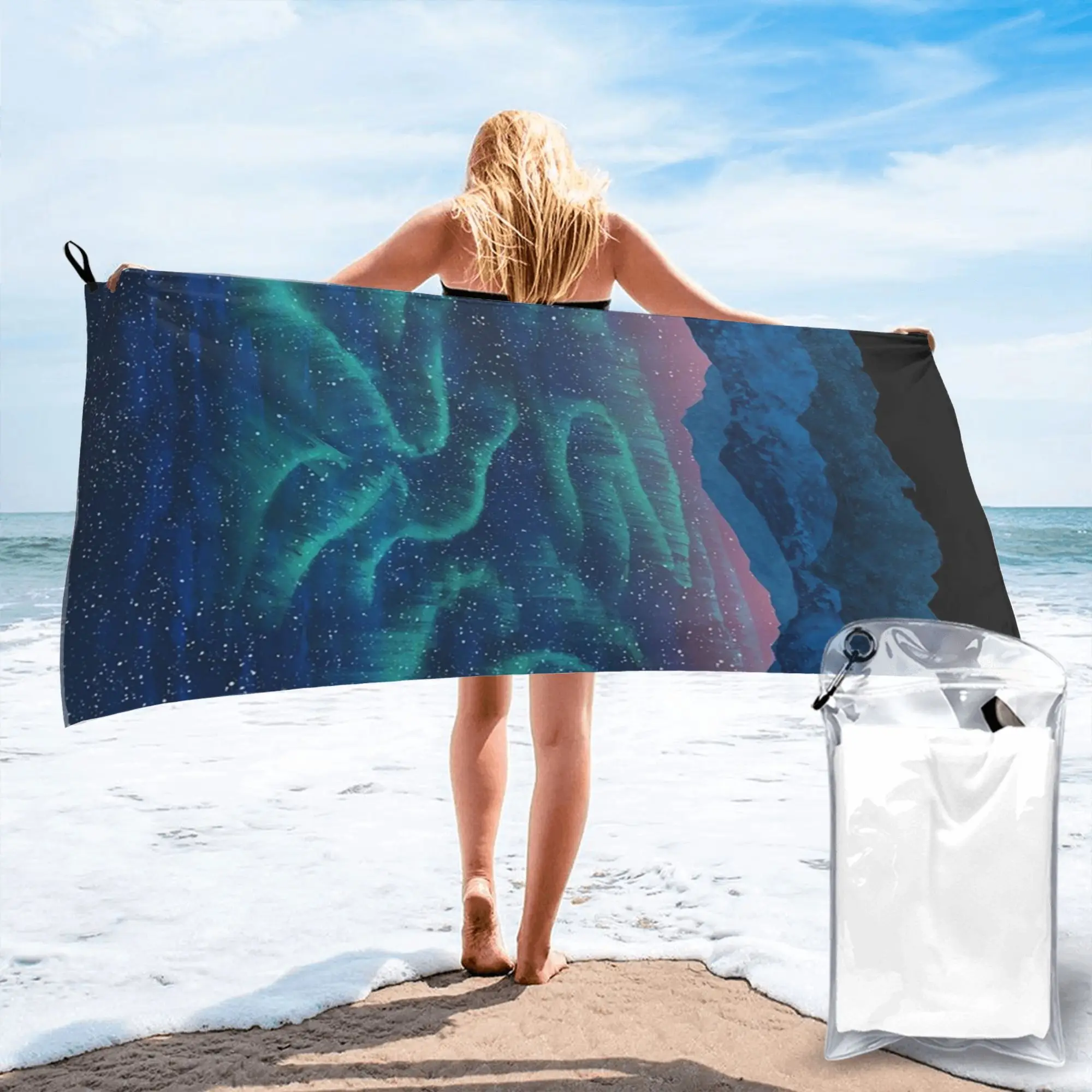 Aurora borealis over mountain Beach Towel Soft Microfiber Quick Dry Absorbent Quick Towels For Mountain Climbing