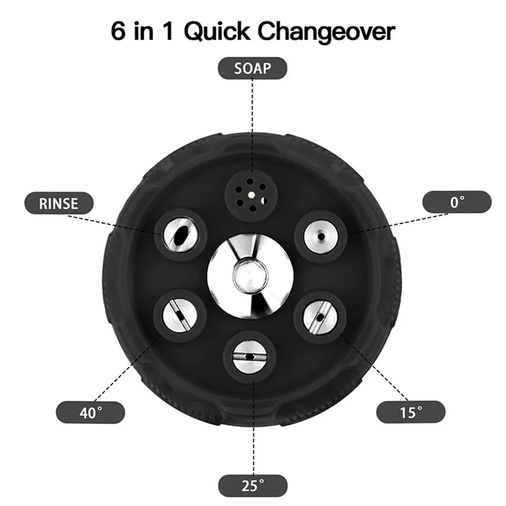 6 in 1 Power Washer Nozzle's,With 1/4 Inch Quick Connector,0 15 25 40 Degree Rotation Watering Rinse Soap Nozzle Tip