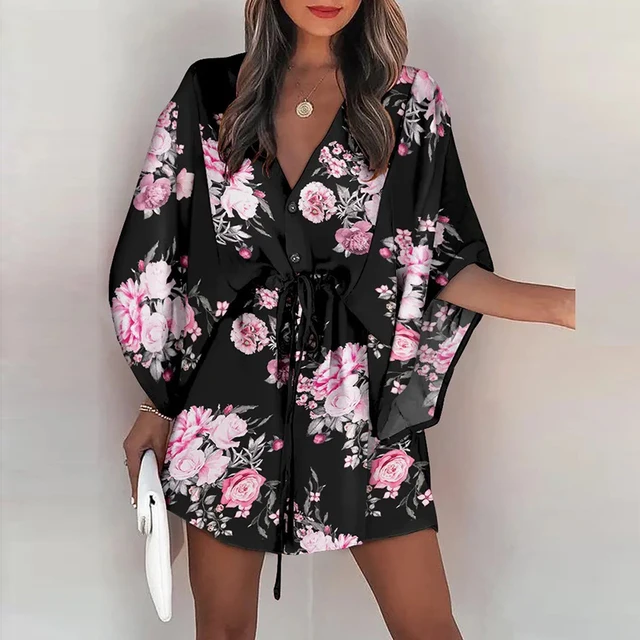 Women Casual Loose Dress Beach Boho Dress Fashion Vintage Print V Neck Drawstring Mini Dress Summer Dresses Robe Femme 2022