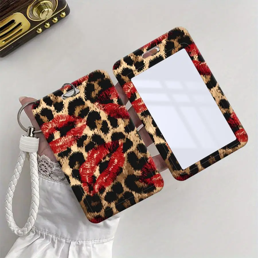 Red Leopard Lips Cover Case 1Pc Card Holder Retractable Credit Card Holders Holders Child Bus with lanyard Badge Bank ID