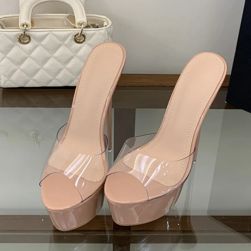 Eilyken Große Größe 46 PVC Transparente Damen-Slipper mit offener Zehenpartie, Street-Style-Stiletto-High-Heels, Karnevals- und Abschlussball-Slipper
