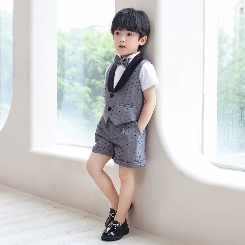 Children Dot Vest Shirt Shorts Bowtie Photography Suit Kids Wedding Birthday Party Costume Boys Breathable Summer Dress School