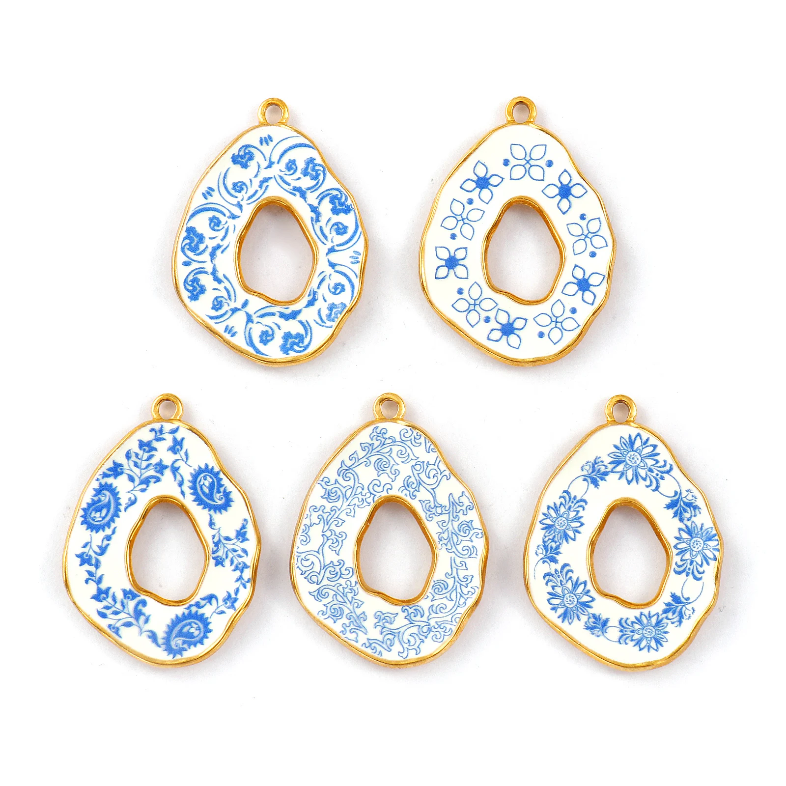 2 PCs 304 Stainless Steel Pendants 18K Gold Plated Blue Drop Flower Printed Charms For DIY Necklace Jewelry Making 3.5cm x 2.5cm