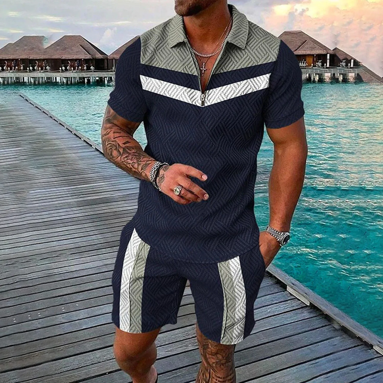 Traje de chándal con estampado 3D de verano para hombre, Polo informal con cremallera, pantalones cortos, conjuntos de 2 uds, ropa de vacaciones de estilo geométrico bohemio