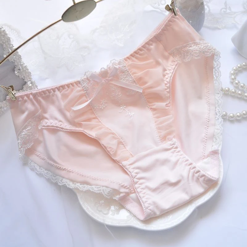 Women Cute Lovely Sweety Lolita Panties Princess Style Lace Embroidery Ruffles Underwear Stretch Milk Silk Breifs