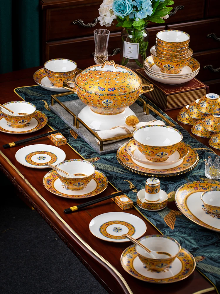 Phnom Penh High-End Dishes and Bowls of Bone China Rice Bowl Household Ceramic Bowl and Dish Set Hotel Club Table Combination