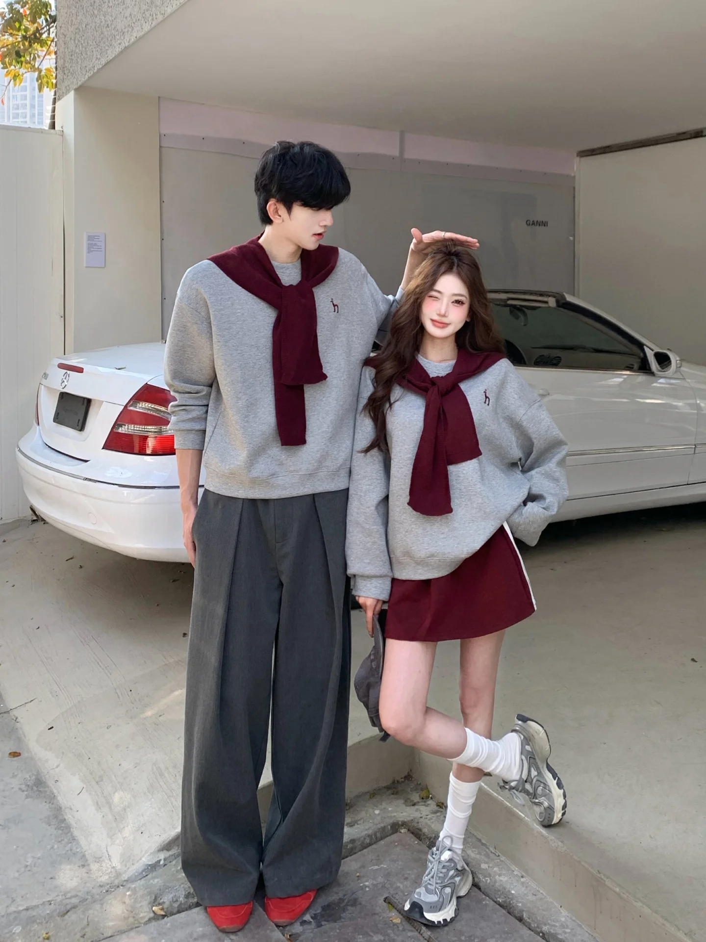 

Korean Style Couple Matching Hoodie Set Spring New Loose Casual Outfit with Shawl Half Body Short Skirt Two Piece Suit