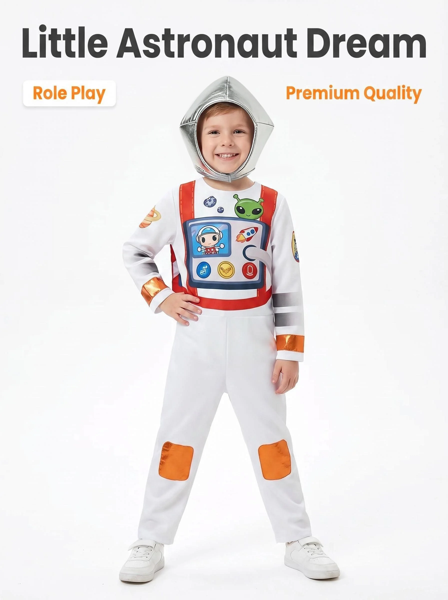 Kids Astronaut Costume Boys Spaceman Halloween Cosplay Jumpsuit with Helmet Birthday Party Role Play Fancy Dress Outfit