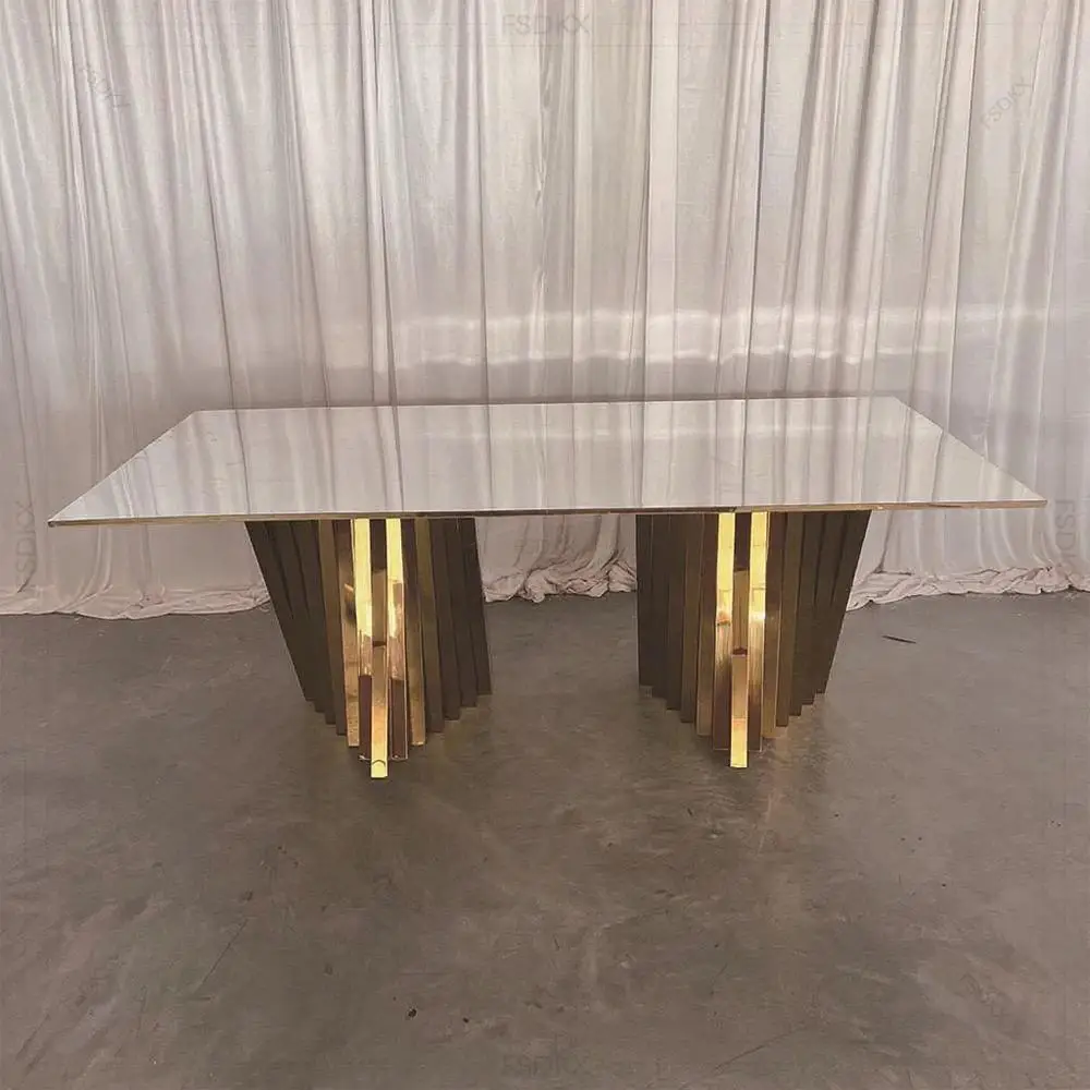 Modern Gold Mirror Glass Top Party Table FSDKX Stainless Steel Banquet Table for Outdoor Indoor Use