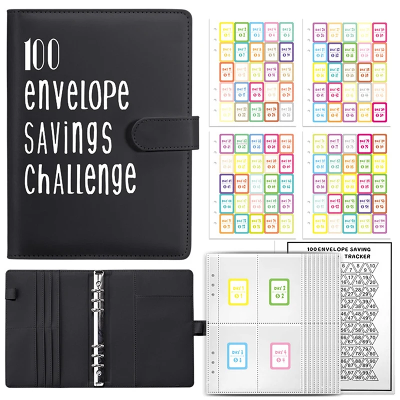 Envelopes Challenge Binder com Envelopes em Dinheiro, Livro de Orçamento, Economizando 5.050, Preto, 5, 100, 1Set