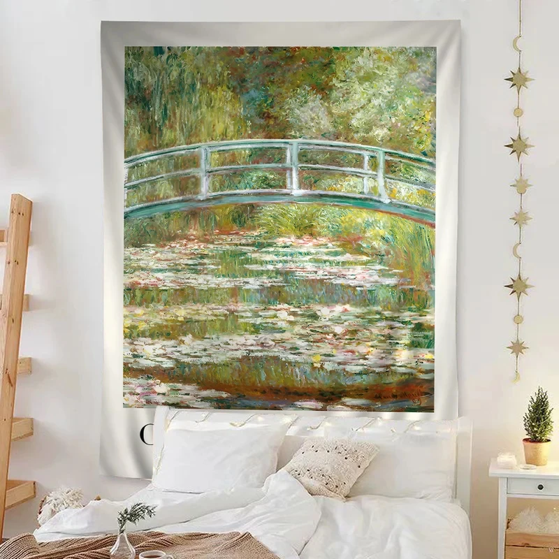 VIKAMA Claude Monet Water Lily Bridge Tapestry, Famous Oil Painting Print Wall Hanging for Bedroom Dorm Living Room Home Decor