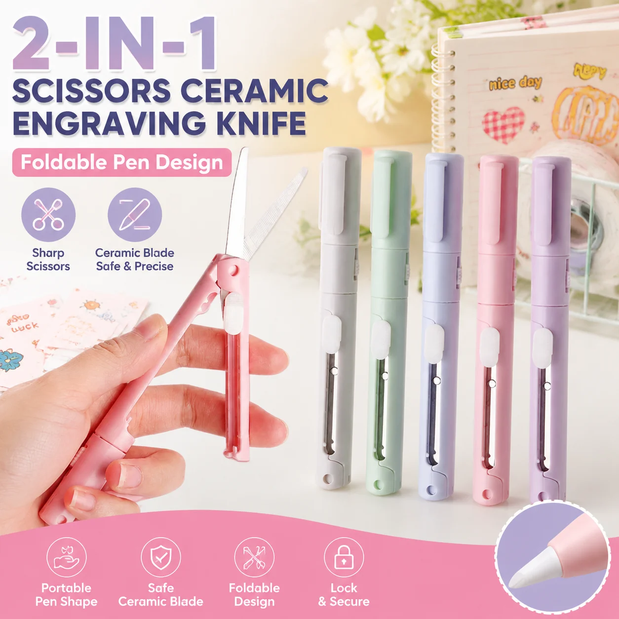 Tijeras y Cortador de Cerámica 2 en 1 con Forma de Bolígrafo, Retráctiles, Plegables, Mini Herramienta de Corte Portátil y Segura para Diario, Álbum de Recortes, Manualidades