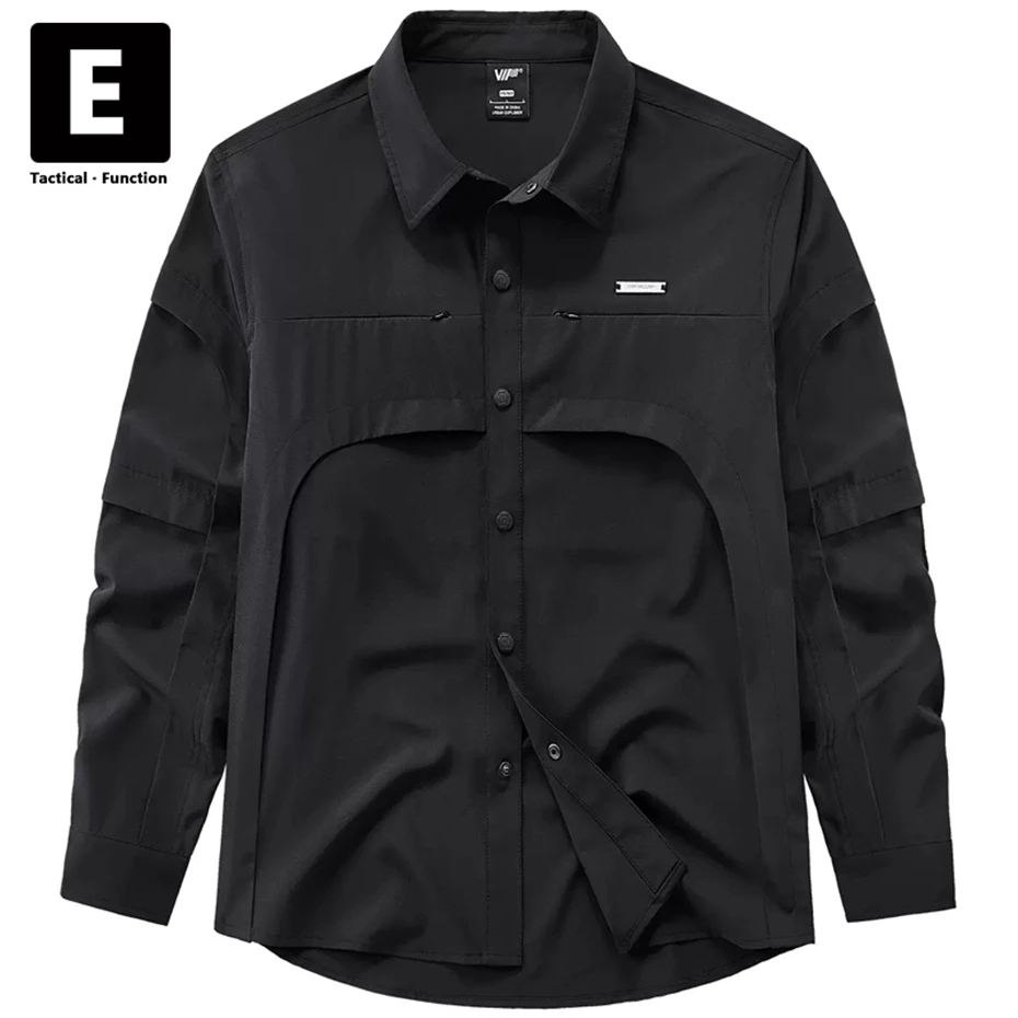 

Black Techwear Cargo Shirt Men Spring Autumn Long Sleeve Shirts Jackets Patchwork Shirt Streetwear Male