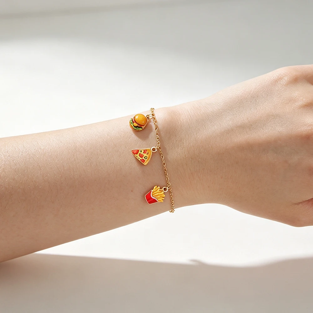 Cute Fast Food Charm Bracelet Hamburger Pizza Fries Pendant Bracelet Stainless Steel Fun Food Food‑Themed Jewelry Gift for Women