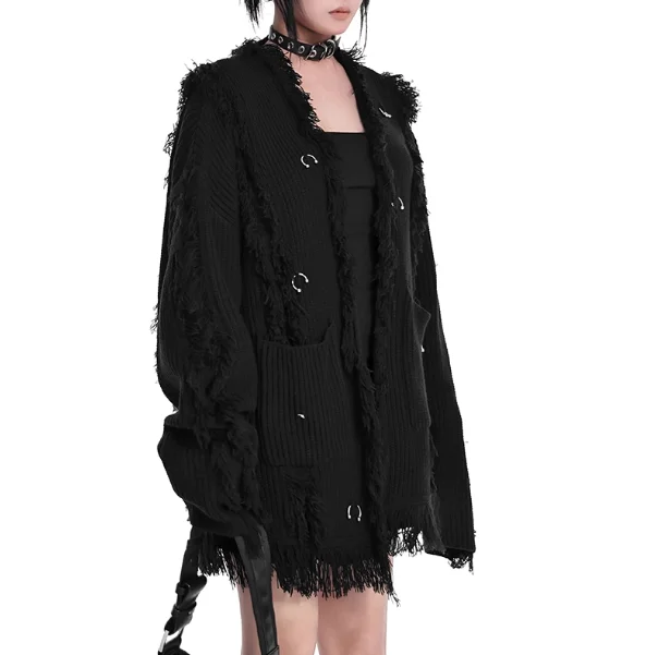 Mode Veelzijdige Kwastje Persoonlijkheid Donkere Street Style Trui Vest Lente Herfst Nieuwe Lange Mouw Cool Retro Gebreide Top