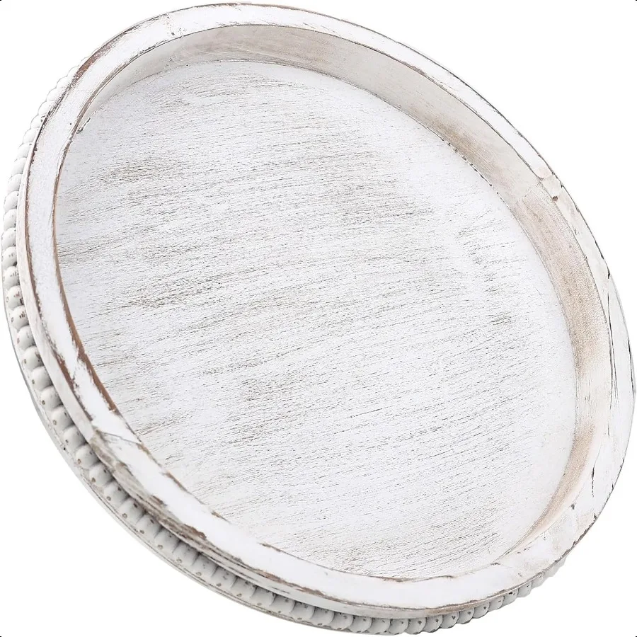 

Round Wood Serving Tray with Beaded 13 Rustic Wooden Decorative Coffee Table Tray for Centerpiece Ottoman Farmhouse Circle Tray