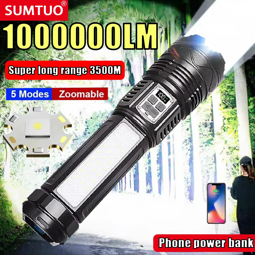 

1000000LM Powerful Flashlight 3500m Long Range LED Flashlight Type-C Charging Output Zoom Aluminum Alloy Handlamp For Camping