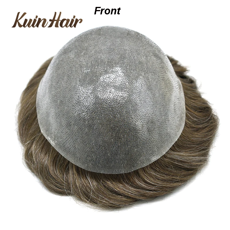 Rambut palsu pria kulit tipis penuh transparan PU 0.01mm Vloop pria prostesis rambut manusia India wig sistem rambut alami Unit