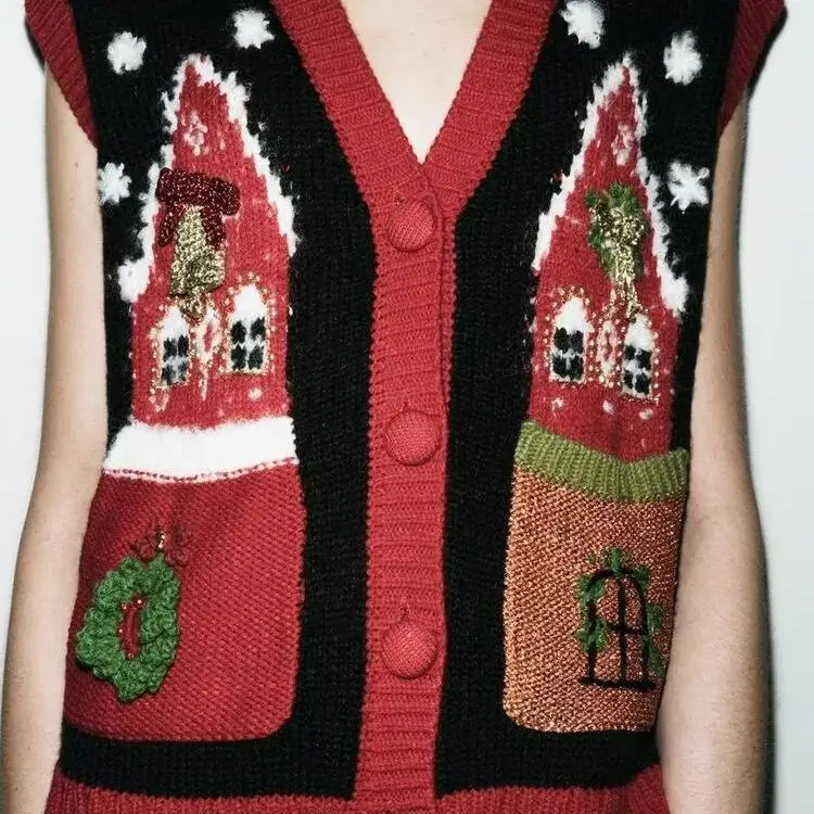 

Winter New Women's Knitted Vest V-Ne Cisas House Pattern Tassel Single Button Floral Embroidery All-Match Faion 2024
