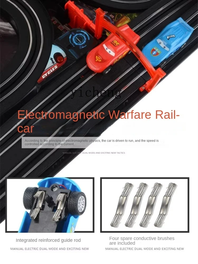 Tqh Double Car Rail Car giocattolo per bambini ragazzo telecomando piccolo treno storia auto da corsa elettrica