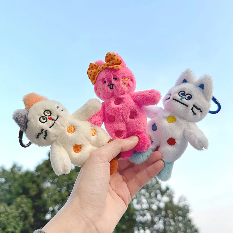 Pink Polka Dots Cat Plush Toy Cartoon Speechless Cat Pendant Soft Stuffed Doll Keychain Car Key Ring Backpack Bag Decor