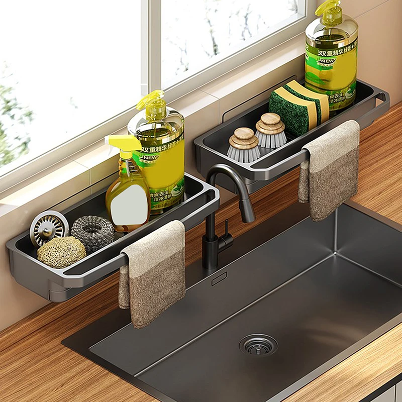 

Kitchen Sink Rack With Self-draining Tray Sponge Rag Organizer Bathroom Cosmetic Facial Cleanser Holder Household Storage Shelf