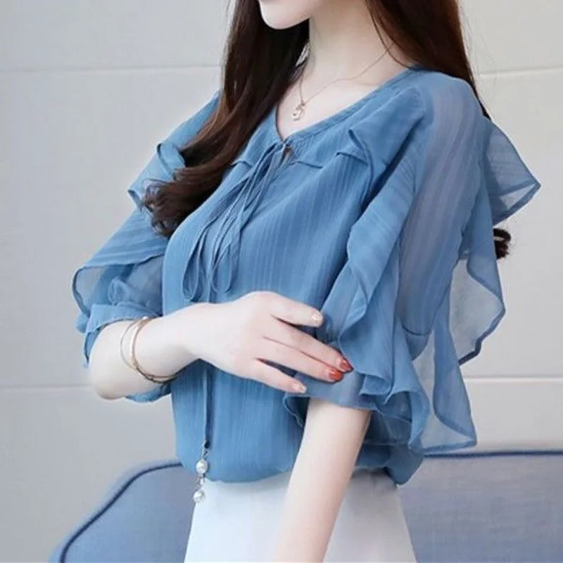 

Fashion Flying Sleeve Drawstring Sweet Chiffon Blouse Plus Size Summer Office Lady Tops Loose Casual Female Clothing Shirt