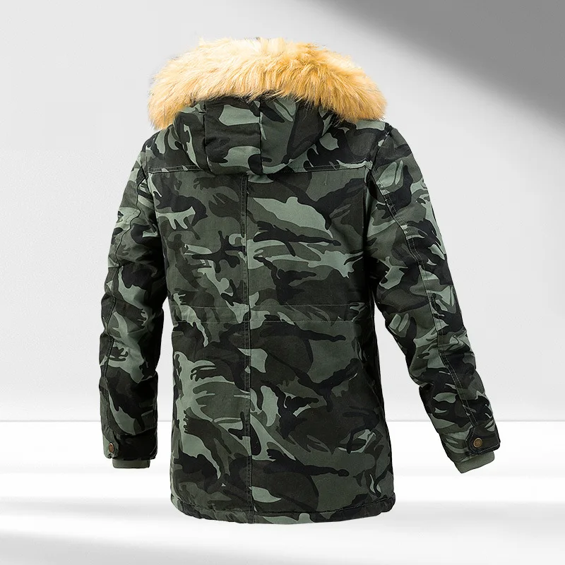 Winter Hooded New Men\'s Cotton Jacket with Medium Long Collar Casual Camouflage Thickened Parka High-quality Outdoor Men\'s Coat