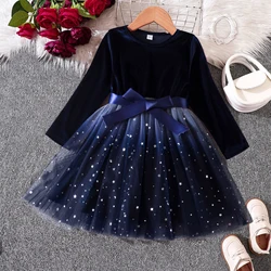 2024 New Girls Dress Autumn Winter Long Sleeve Bow Sequin Princess Dress 3-8 Yrs Kids Christmas Birthday Party New Year Costume